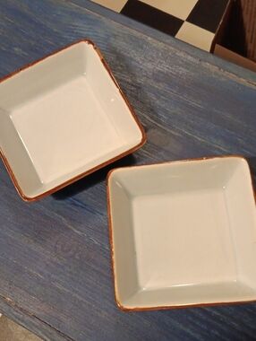 Glazed Square Ceramic Serving Bowls in White with Brown Edge